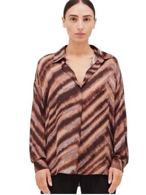 🆕 Grade & Gather - Satin Button-Down Shirt - Brown Quartz Stripe - NWT